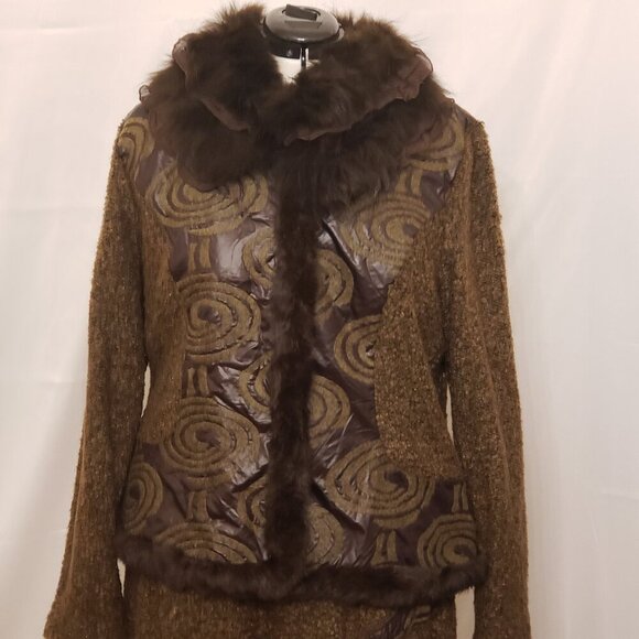 Vintage Moshita Couture 2 Piece Brown Outfit w/Faux Fur Collar and Trim, Size 16 - Picture 2 of 16